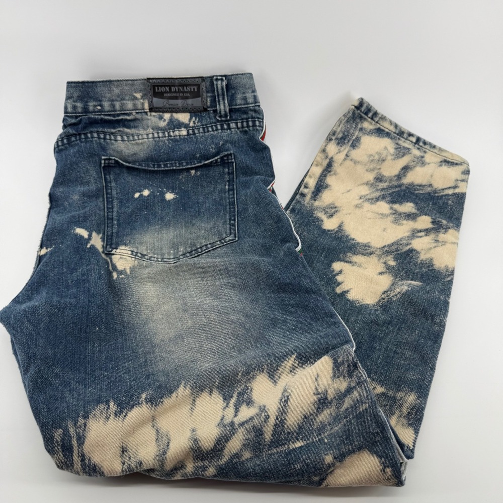 Lion Dynasty Mens 42 Slim Bleached Distressed Moto Jeans Side Stripe Blue